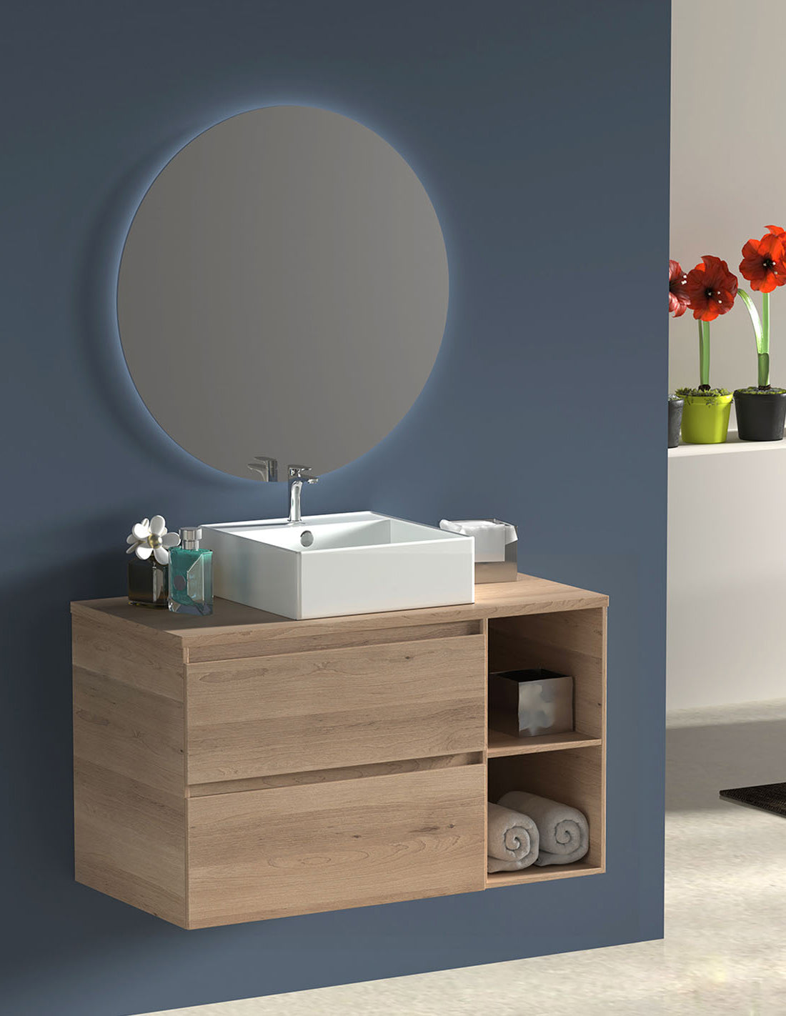 Mueble de baño ZEUS con encimera de madera y lavabo sobreencimera