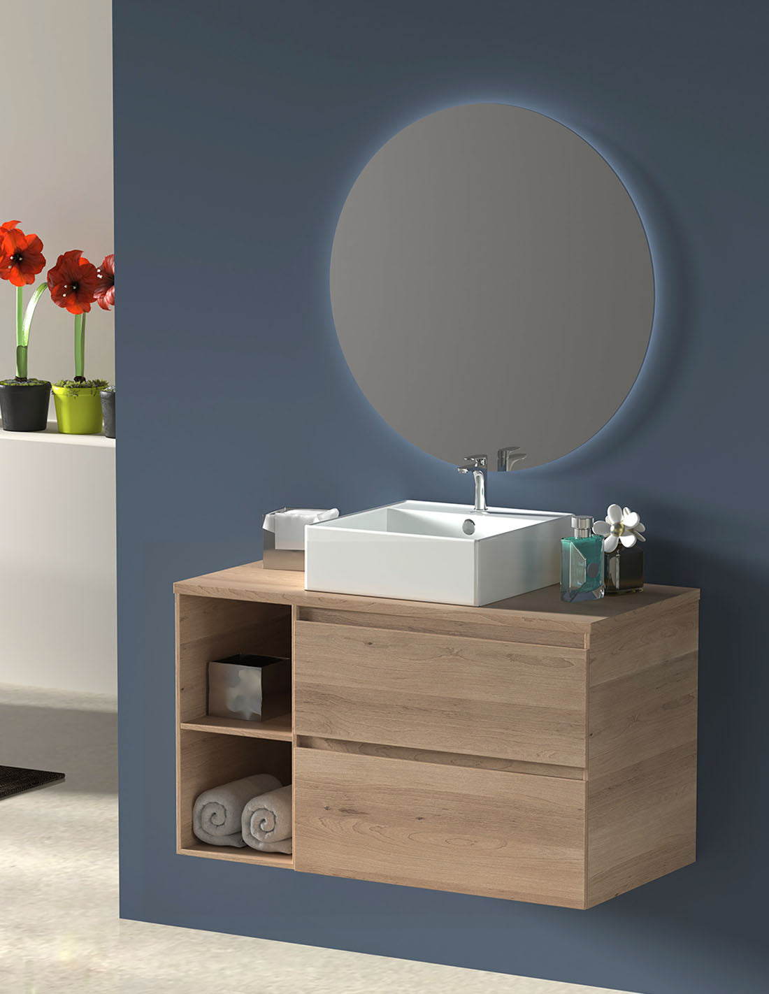 Mueble de baño ZEUS con encimera de madera y lavabo sobreencimera