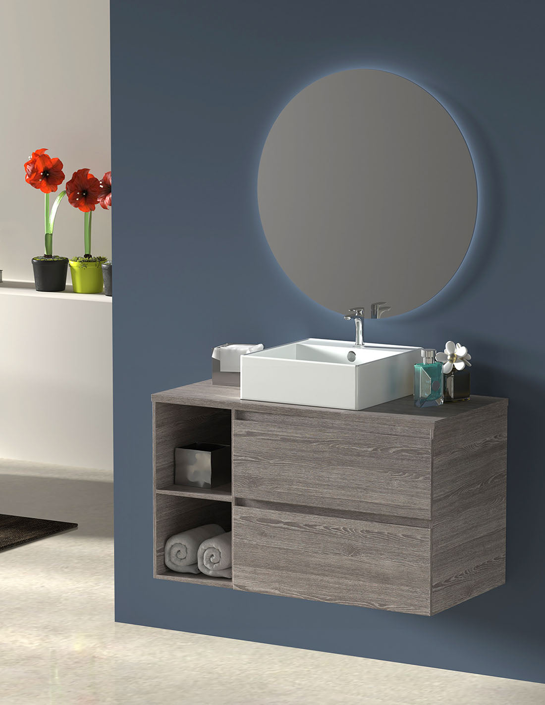 Mueble de baño ZEUS con encimera de madera y lavabo sobreencimera